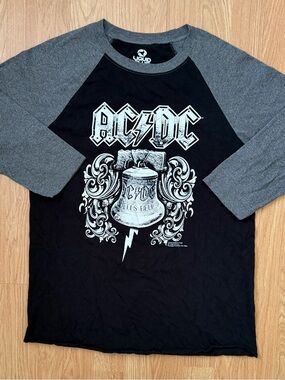 AC/DC Black and Gray Raglan Tee with Hells Bell Graphic 3/4 Sleeve Medium